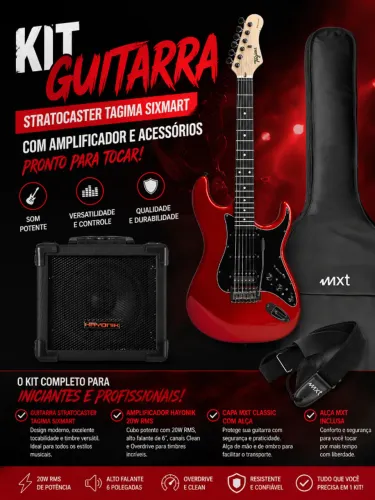 KIT GUITARRA SIXMART VERMELHA, AMPLIFICADOR HAYONIK 20W, CORREIA MXT E CAPA MXT