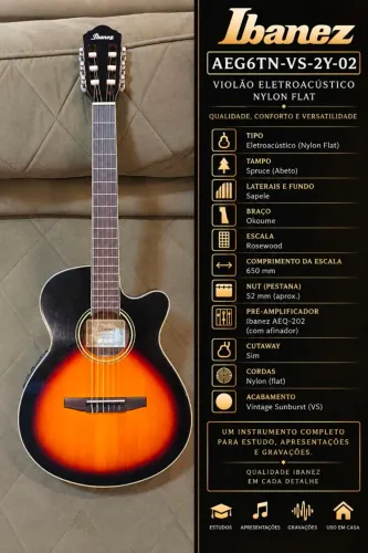 Ibanez AEG6TN-VS-2Y-02 Nylon Flat - Vintage Sunburst - Muito Bem Conservado