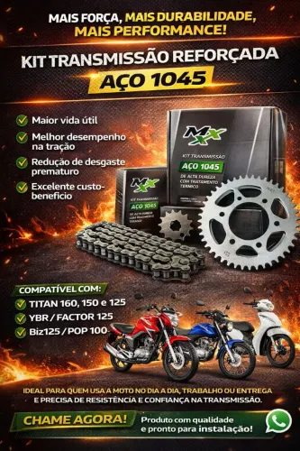 Kit transmissão 1045 reforçada para motos: Titan 150, 160, YBR / FACTOR125, Biz 125/ Pop