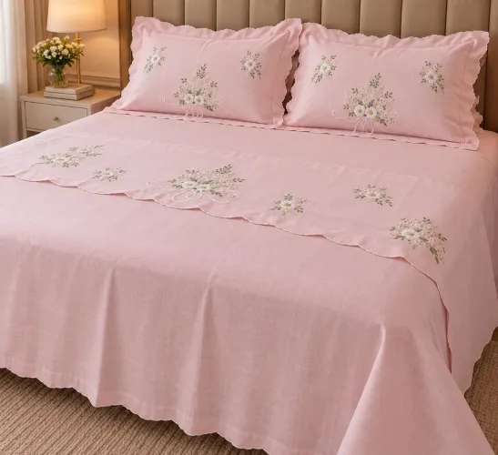 Jogo de Cama Vintage em Linho rosa chá - 3 Peças