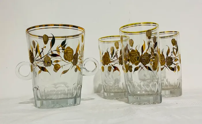 Antigo Conjunto Balde De Gelo E 3 Copos Cristal Pintado Ouro
