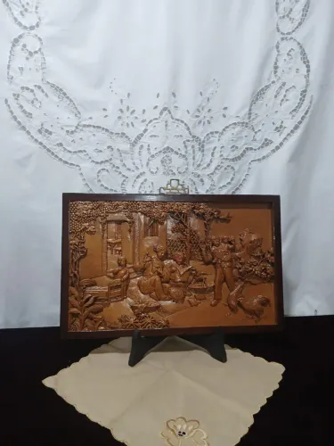 Antigo Quadro Oriental Painel De Madeira Entalhado