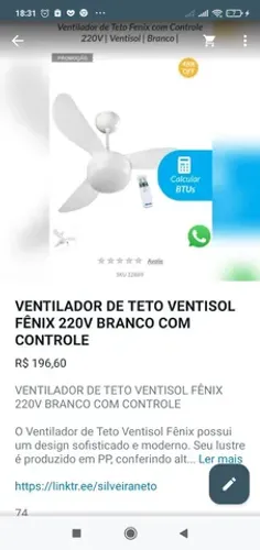 VENTILADOR DE TETO FÊNIX 220V VENTISOL