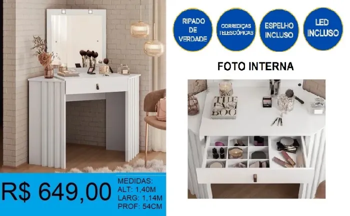 Penteadeira com Espelho e LED - Nova! Entrega e montagem grátis