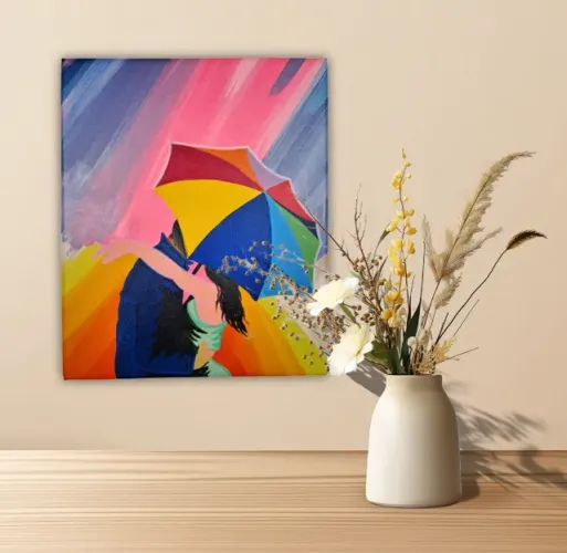 Mini Quadro Casal com Guarda Chuva Pintado a Mão 30x25cm