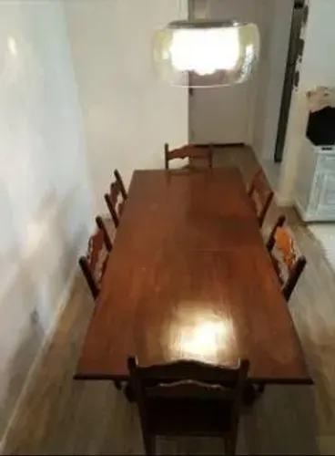 Mesa de jantar retangular com expansão e 6 cadeiras (madeira maciça)