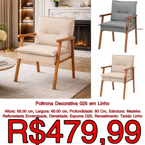 Poltrona decorativa 025 Tecido linho / 2 cores disponíveis / frete grátis