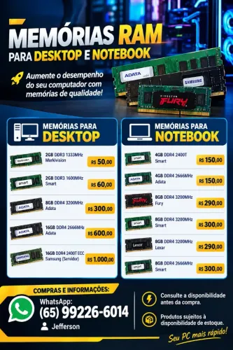 MEMÓRIAS RAM PARA DESKTOP E NOTEBOOK