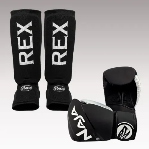 Kit Luva Boxe Naja e Caneleira Rex Muay Thai Novo