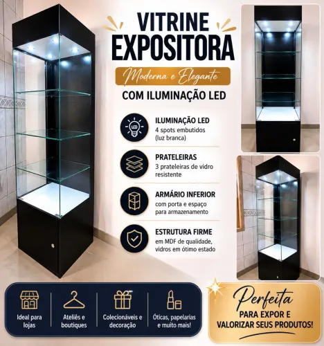     Armário Vitrine Expositora de Vidro com LED