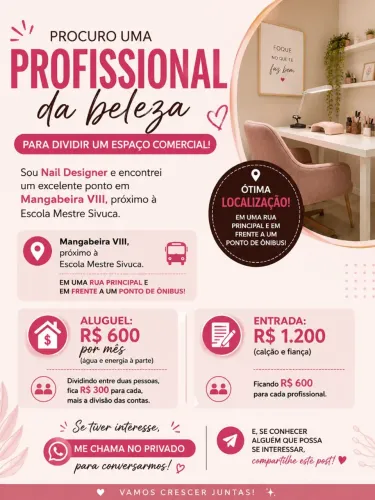 ? Procuro uma profissional da área da beleza para dividir um espaço comercial!<br>