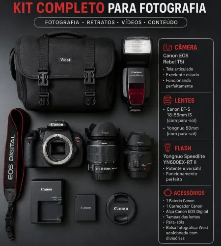 Canon T5i + 2 Lentes + Flash Yongnuo + Bolsa | Kit Completo