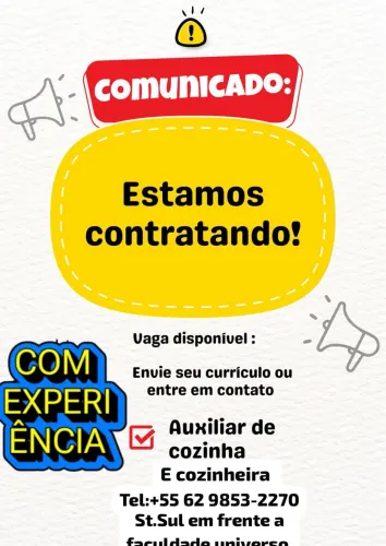 Vaga pra cozinheira salário 2, 600 mais vale transporte de segunda a sexta feira