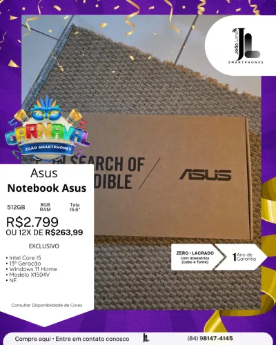 NOTEBOOK ASUS, 512GB, 8GB RAM, TELA 15.6 POL.,INTEL CORE I5, LACRADO, EXCLUSIVO!