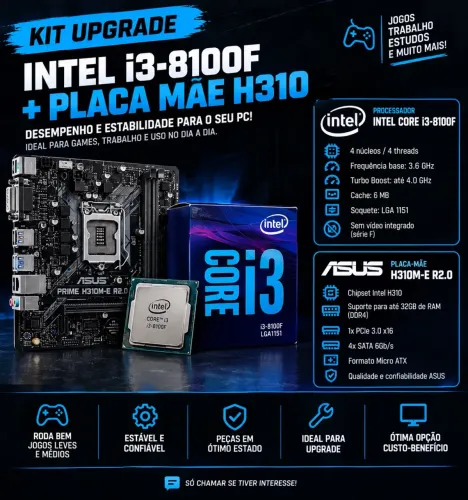 Kit Upgrade PC: Processador Intel Core i3-8100F + Placa-Mãe H310 ? Usado em Bom Estado