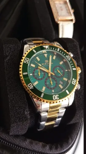 Relógio Masculino Novo Verde e Dourado - Cronógrafo Funcional
