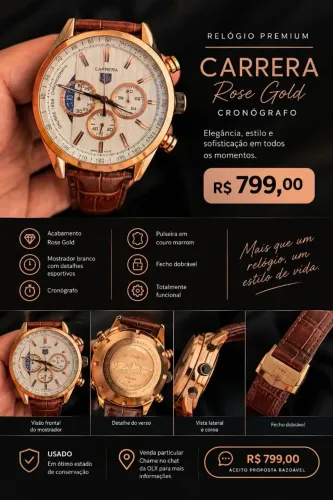 Relógio Premium Carrera Rose Gold Cronógrafo - Vidro de Safira - R$ 799