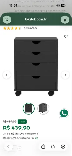 Gaveteiro Tok&Stok Lino Preto - 4 Gavetas com Rodinhas