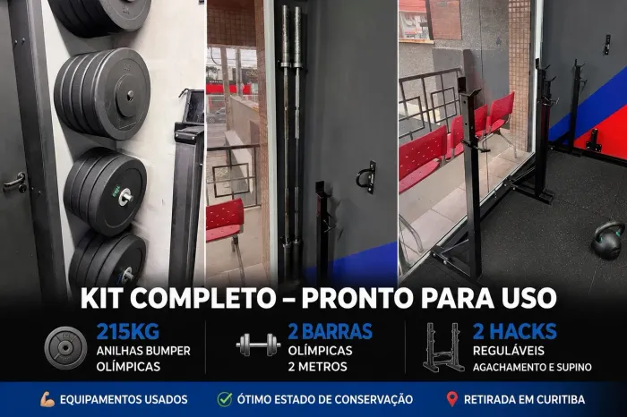 215kg Anilhas Bumper + 2 Barras Olímpicas + 2 Hacks Reguláveis