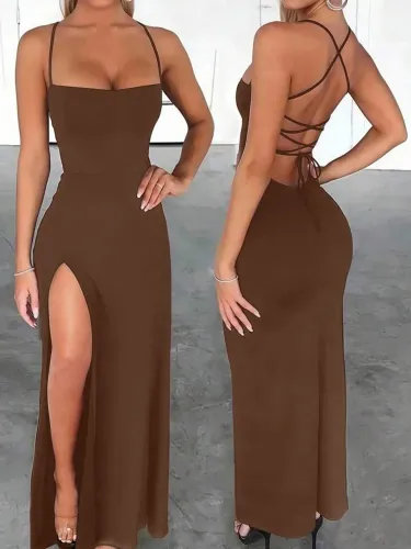 Vestido long cancelado com alca e fenda na perna com trancado nas costas luxo