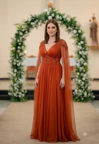 Vestido Longo Elegante Terracota com Tule e Pedrarias