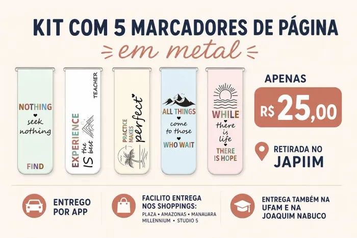 Kit com 5 marcadores de página em metal 