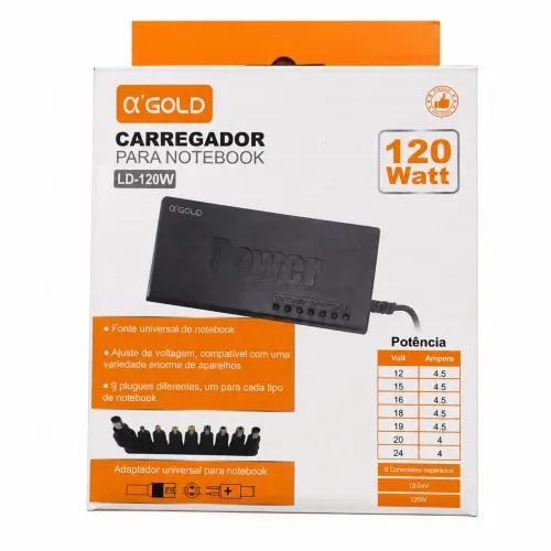 Carregador Universal para Notebook ?GOLD 120W com 9 Conectores - LD-120W