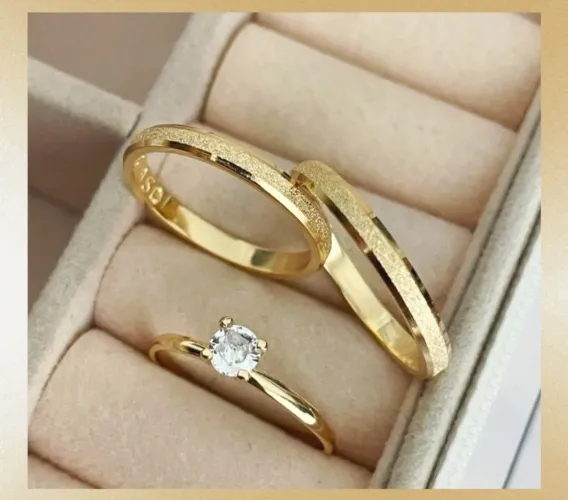 Par de Alianças Chanfradas Jateadas 3mm Ouro18K Banho. Compromisso, Casamento - Promoção!