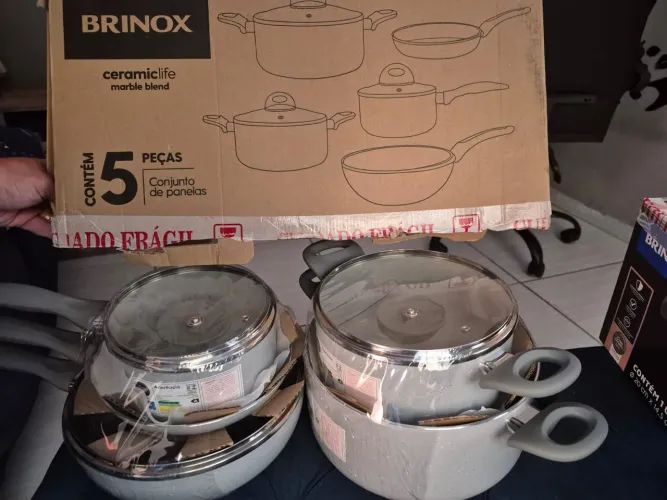 ?Jogo de Panelas 5 Peças Brinox Ceramic Life Marble Blend - Novo/Indução (Cinza)