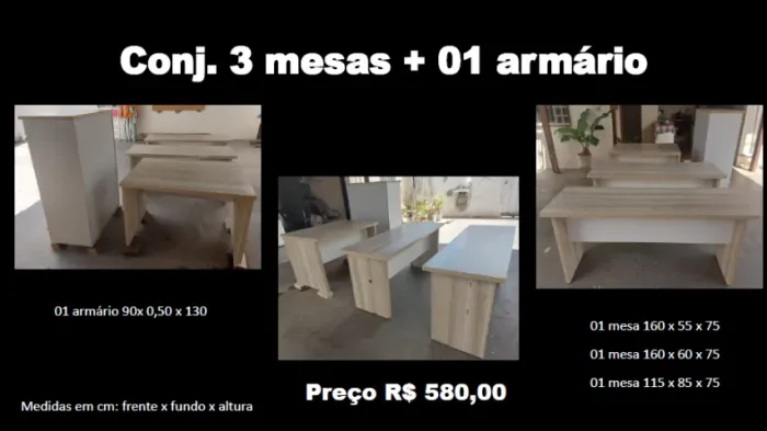 Conjunto 01 armário + 03 mesas de MDF