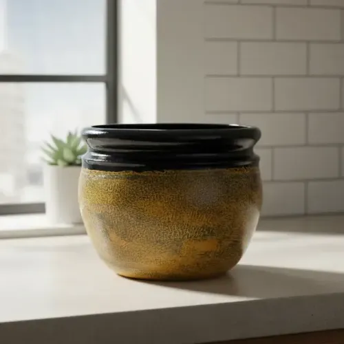 Vaso de Cerâmica Esmaltado Amarelo com Preto 19x24 cm