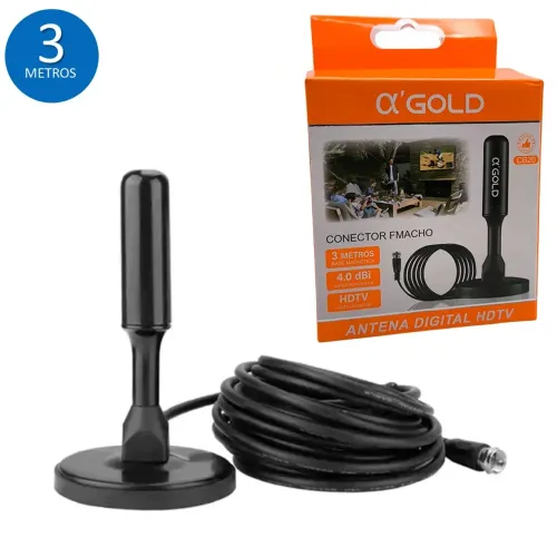 Antena Digital Interna para TV HDTV 4K Cabo de 3m com Base Magnética - A'Gold CB20