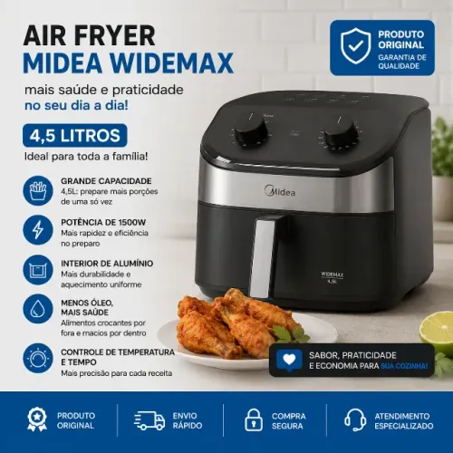 Fritadeira Air Fryer 4,5l Widemax Com Interior De Alumínio 1500w Midea