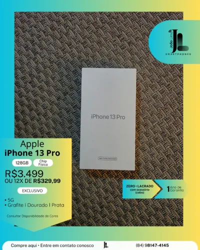 IPHONE 13 PRO, 5G, 128GB, CHIP FÍSICO, LACRADO, EXCLUSIVO!