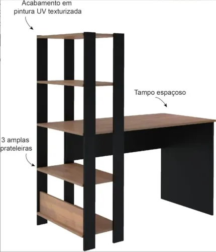 Escrivaninha com Estante Lateral MATCH cor Preto/Pinho - Artely