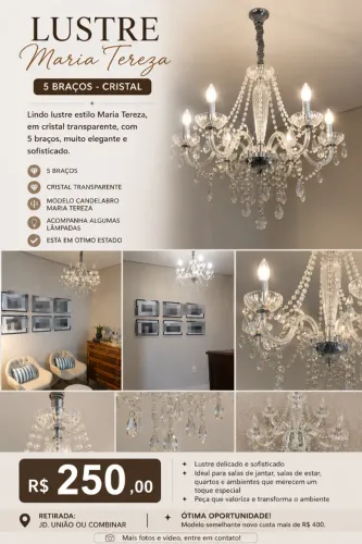 Lustre Maria Thereza, 5 braços cristal, excelente estado
