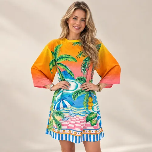 farm novo c/ tag. vestido t-shirt big paisagem solar g