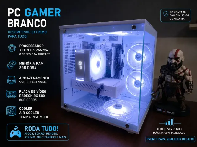 PC Gamer Branco Xeon E5 2667v4 3,6Ghz + RX 580 8GB + 8GB DDR4 + 500GB SSD M2 e Windows 11