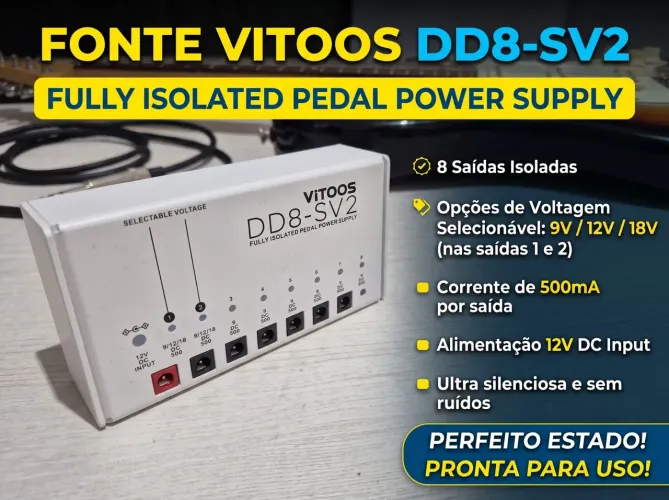 Fonte pedal guitarra Vitoos DDR8 SV2 totalmente isolada 8 pedais