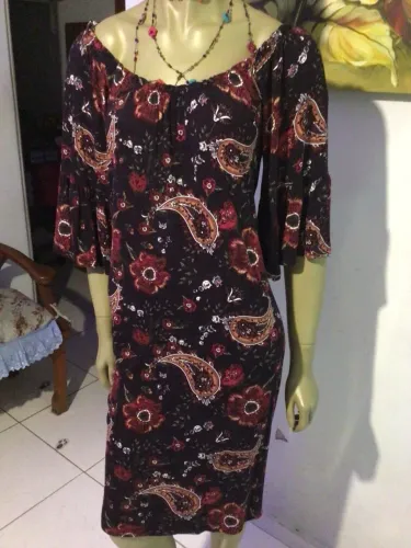 VESTIDO PRETO FLORAL ALGODÃO MANGA LONGA TAMANHO GG