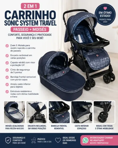 ? CARRINHO DE BEBÊ SONIC TRAVEL 3 EM 1 - EXCELENTE ESTADO ?