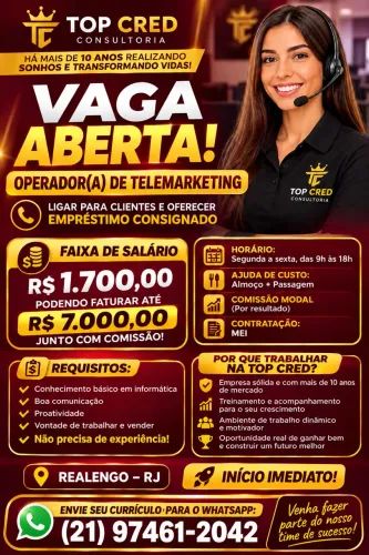 A TOP CRED CONSULTORIA ESTÁ CONTRATANDO!