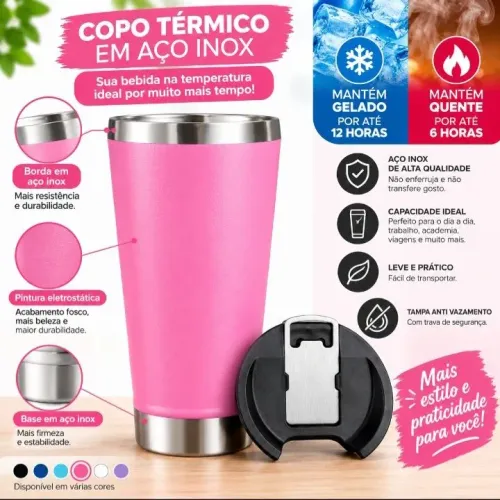 Copo Térmico Aço Inox Com Tampa Conserva Gelado 12h Quente 6h Premium 473ml