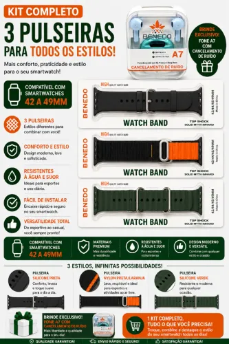 KIT PULSEIRAS SMARTWATCH E FONE A7