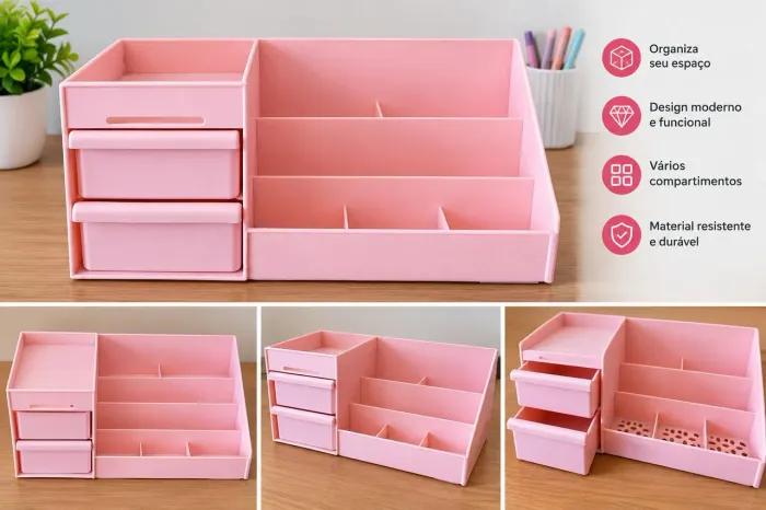 Organizador de Mesa Rosa com Gavetas e Divisórias - Multiuso