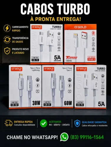 Cabos Turbo USB-C, Lightning e Micro USB | Novos Lacrados