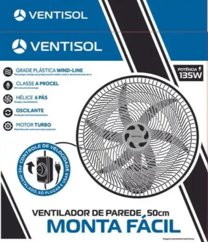 Ventilador Oscilante De Parede 50cm 6 Pás Ventisol Monta Fácil 135w Preto Ventilador Osci