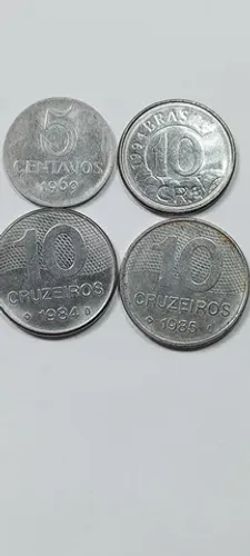 Moedas(Lote com 4) 5 Centavos 1969, 10 Cruzeiros 1984 e 1985, 10 Cruzeiros  Reais 1994 MBC