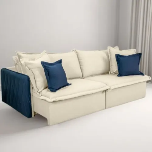 Sofá Cama Retrátil Blog Veludo Marfim/Azul , PRONTA ENTREGA.