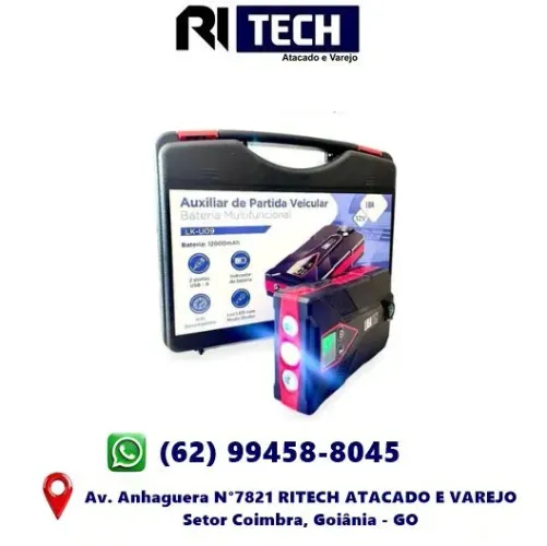Auxiliar de Partida Veicular Portátil Carro Moto 12V Lanterna